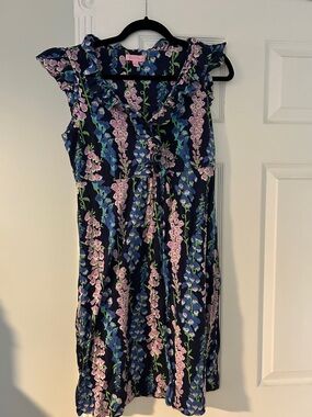 Lilly Pulitzer Navy Floral Ruffle Dress with Pink & Blue Flowers